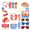 Watercolor summer fashion set with woman accessories. Hand drawn sunglasses, jewelry, hats, bags and shoes Royalty Free Stock Photo