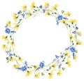 Watercolor Meadow Flower Wreath With Dandelion And Forget-me-Not Flowers. Floral Border With Summer Flowers