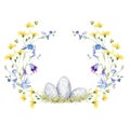 Watercolor Meadow Flower Wreath with Chick Eggs. Floral Border with summer flowers Royalty Free Stock Photo