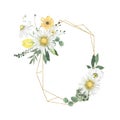 Watercolor summer floral fields golden geometrical wreath with daisy narcissus flowers