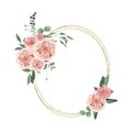 Watercolor summer floral fields golden oval wreath with rose flowers