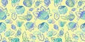 Multicolor Summer watercolor floral Seamless pattern blue, green and turquoise branch and Rose Flower on yellow Royalty Free Stock Photo