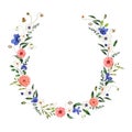 Watercolor summer floral wreath with pink white blue wildflowers isolated