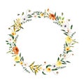 Watercolor summer floral wreath with yellow white wildflowers