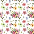 Watercolor summer flowers and butterfly seamless pattern. Cute botanical print, blooming meadow illustration Royalty Free Stock Photo
