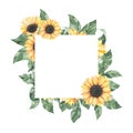 Watercolor summer frame with sunflowers bouquet with green leaves