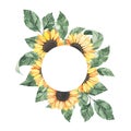 Watercolor summer frame with sunflowers bouquet with green leaves