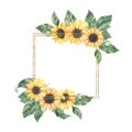 Watercolor summer golden frame with sunflowers bouquet with green leaves