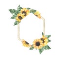 Watercolor summer golden frame with sunflowers bouquet with green leaves