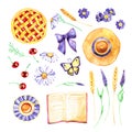 Watercolor summer illustration in flat lay style. Book, flowers, tea cup, cherry pie, hat, butterfly. View from above