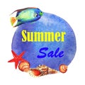 Watercolor summer illustration. Sale banner with fishes and shells