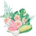 Watercolor summer illustration of tropical leaves and watermelon, coconut and flower.Poster jungle floral with tropic