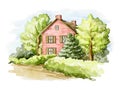 Watercolor summer landscape with country house, lawn and trees Royalty Free Stock Photo