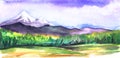 Watercolor summer landscape. Green field surrounded by deep blurry forest and majestic mountains with snow-capped peaks. Bright Royalty Free Stock Photo