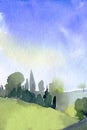 Watercolor summer Landscape with mountains, blue sky, clouds, forest, field. Hand drawn nature illustration Royalty Free Stock Photo
