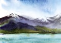 Watercolor summer landscape of mountains with snowy peaks, blurred forest and light blue lake at foot. Peaceful, serene background Royalty Free Stock Photo