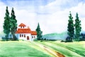 Watercolor summer landscape. Road through green field leading to red-roofed white building surrounded by high cypresses and blurry Royalty Free Stock Photo