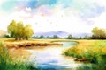 Watercolor summer landscape with trees, lake and sunset