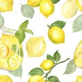 Watercolor summer lemonade with mint and lemon tree branch seamless pattern. Citrus illustration. Glass pitch with drink Royalty Free Stock Photo