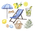 Watercolor summer marine illustration. Beach chair, umbrella, sunglasses, bag, mojito cocktail, isolated Royalty Free Stock Photo