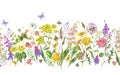 Watercolor summer meadow flowers, wildflowers seamless border