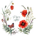 Watercolor Summer Meadow Wildflowers and Poppies Wreath