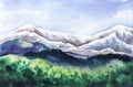 Watercolor summer mountain landscape. Majestic mountain ranges and blurry forested rocks beneath tender blue sky with soft white