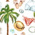 Watercolor summer cute seamless pattern with beach nautical elements. Swimsuit, sandals, seashells, palm tree, straw hat on white Royalty Free Stock Photo