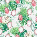 Watercolor summer pattern of tropical leaves exotic fruit. Jungle floral with tropic summertime motyf for textile print for kids