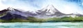 Watercolor summer picturesque landscape of high mountain range with snow-capped peaks hidden in white clouds in soft blue sky. Royalty Free Stock Photo
