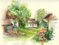 Watercolor summer rural landscape with trees at countryside. Royalty Free Stock Photo