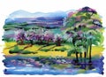 Watercolor summer rural landscape vector illustration Royalty Free Stock Photo