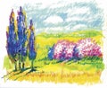 Watercolor summer rural landscape vector illustration Royalty Free Stock Photo