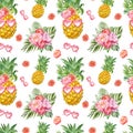 Funny summer seamless pattern with fresh pineapple in sunglasses and tropical plants on white background. Cute hawaiian print