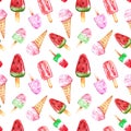 Watercolor seamless pattern with fruit popsicles and ice cream, isolated on white background. Summer bright dessert print Royalty Free Stock Photo