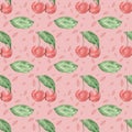 Watercolor summer seamless pattern on pink background. Hand painted watercolour summer pattern with red cherries Royalty Free Stock Photo