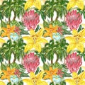 Watercolor tropical seamless pattern with exotic plants and leaves on white background. Hand painted palms, plumeria, lily, protea Royalty Free Stock Photo