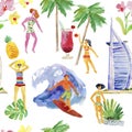 Watercolor summer set. people on the beach, sport, tropical background.seamless watercolor background. Royalty Free Stock Photo