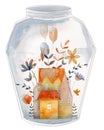 Watercolor summer or spring houses in the jar with balloons, flowers and leaves. Florarium.