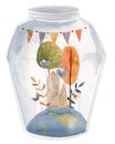 Watercolor summer or spring houses in the jar with trees, flowers and banner. Florarium.