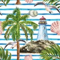 Watercolor summer striped seamless pattern, nautical style. Lighthouse, seashore, palm tree, seagull, shells, tropical leaves.