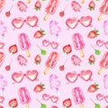 Watercolor summer sweet dessert seamless pattern with sweet popsicles, candy, sunglasses and srtawberry on pink background.