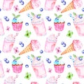 Watercolor summer sweet desserts seamless pattern. Pink background with ice cream in a cone, milk berrie smoothie and cupcakes