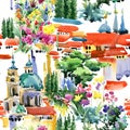 Watercolor summer town seamless pattern. Architecture of Europe print.