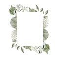 Watercolor summer tropical frame with dried palm leaves, calla lily flowers