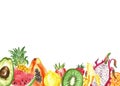 Watercolor summer tropical fruit background. Pineapple, watermelon, lemon, kiwi frame on white. Healthy exotic food