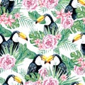 Watercolor summer tropical mood, bird seamless patettern, exotic birdlife for the textile fabric and wallpaper Royalty Free Stock Photo