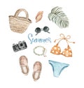 Watercolor summer clothes illustration. Hand drawn beach roomy bag essentials, bath suit, espadrilles, sunglasses, isolated Royalty Free Stock Photo