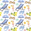 Watercolor summer vacation seamless pattern on white background. Beach chair, umbrella, sunglasses, pina colada cocktail Royalty Free Stock Photo