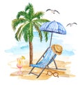 Watercolor summer vacation-themed illustration. Beach chair, umbrella, sunglasses, cocktail on white background Royalty Free Stock Photo